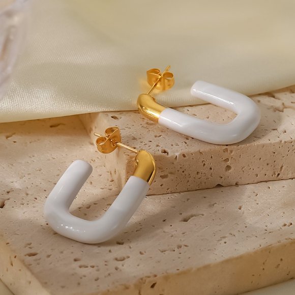 Vintage Hand Dipped White U-shaped Open Earrings 18k Gold Plated Stainless Steel - Picture 4 of 8